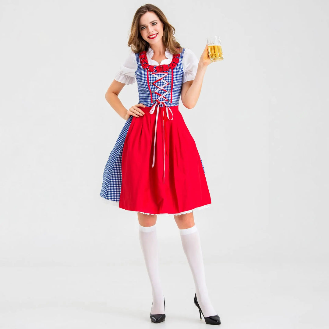 Klassisches Rot-Blau Kariertes Dirndl Kleid | Mit Schürze