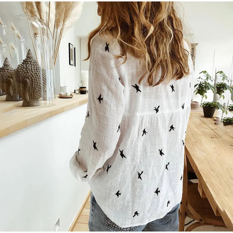 Damen Langarmshirt Mit Vogelmuster | Button Down