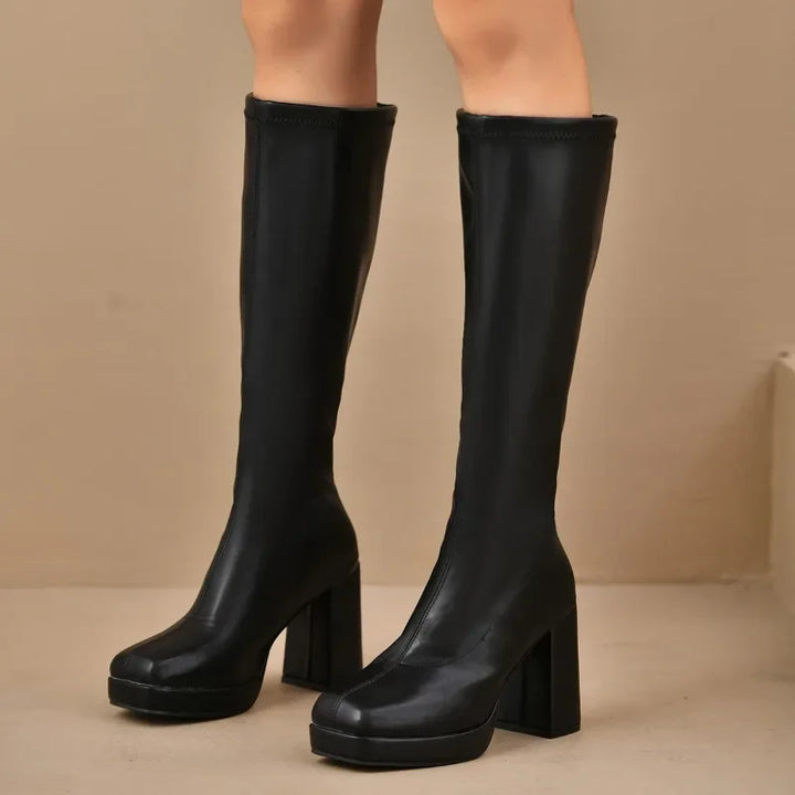 Damen Overknee Boots Schwarz | Plateau Klobigem Absatz