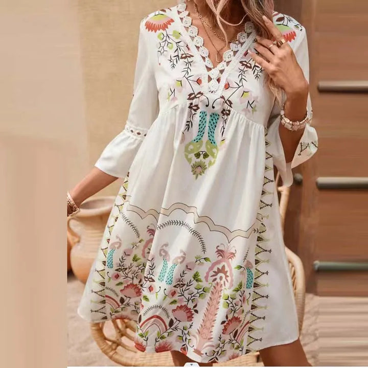 Boho Kleid Mit 3/4 Ärmeln Und V Ausschnitt | Mini