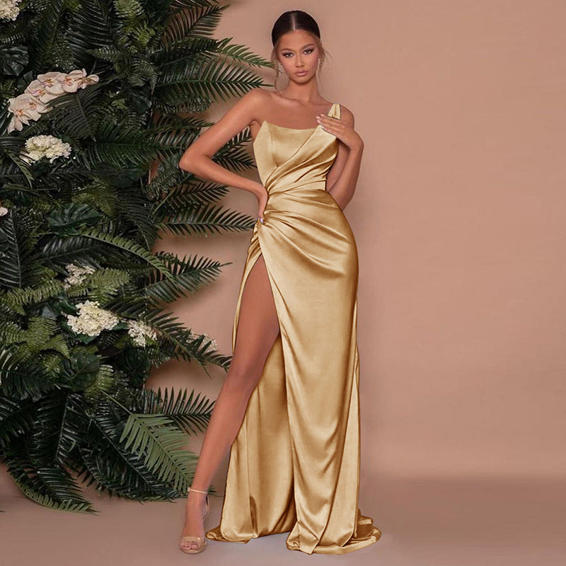 Damen One Shoulder Stylisches Hoher-Schlitz Hochzeitsgast Kleid | Maxi