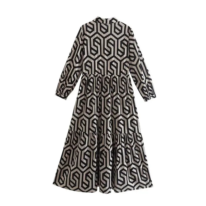 Damenkleid Mit V Ausschnitt Und Geometrischem Muster | Midi