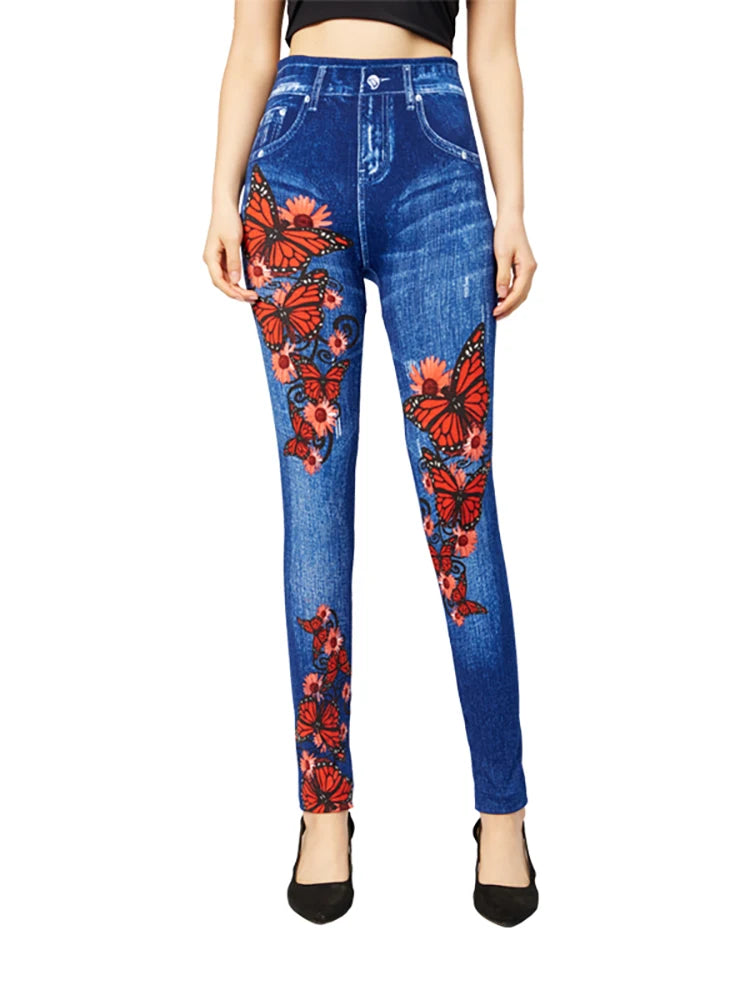 Damen Hoch Tailliert Jeggings | Mit Schmetterlingsdesign