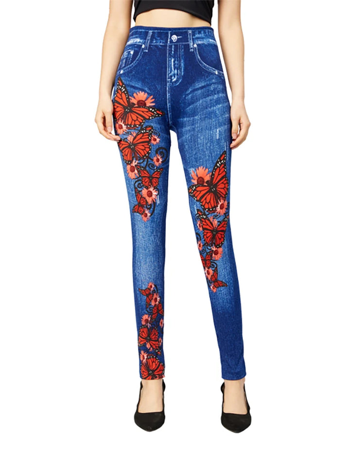 Damen Hoch Tailliert Jeggings | Mit Schmetterlingsdesign