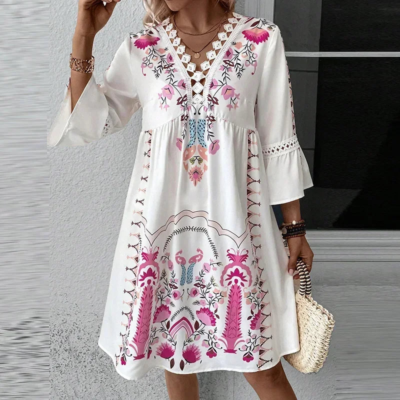Boho Kleid Mit 3/4 Ärmeln Und V Ausschnitt | Mini