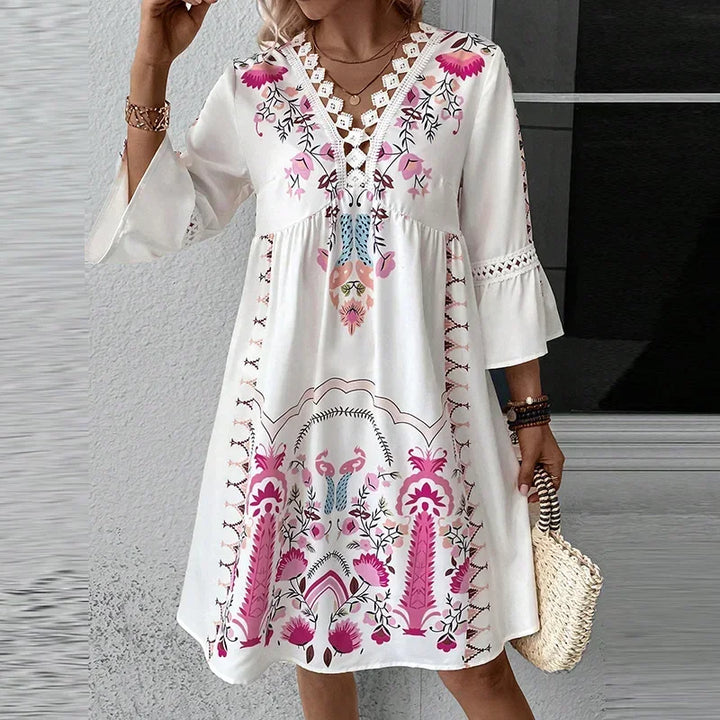 Boho Kleid Mit 3/4 Ärmeln Und V Ausschnitt | Mini
