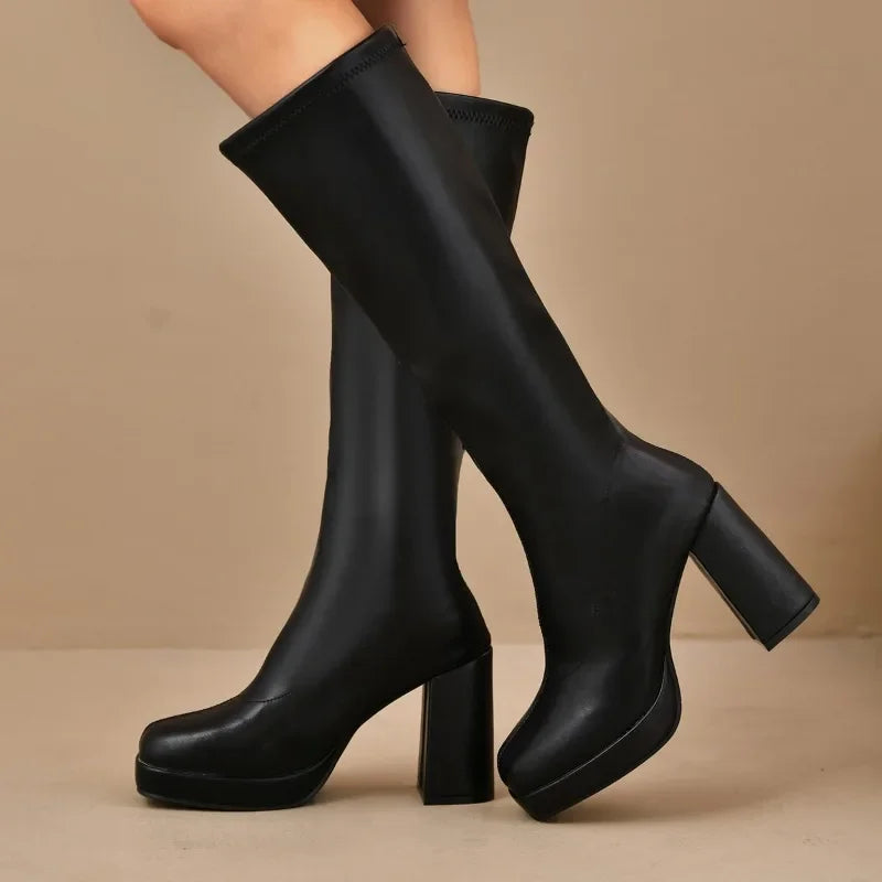Damen Overknee Boots Schwarz | Plateau Klobigem Absatz