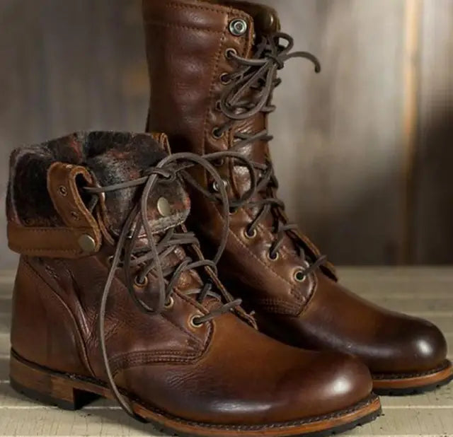 Damen-Retro-Schnürstiefel | Faltbares Knöcheldesign