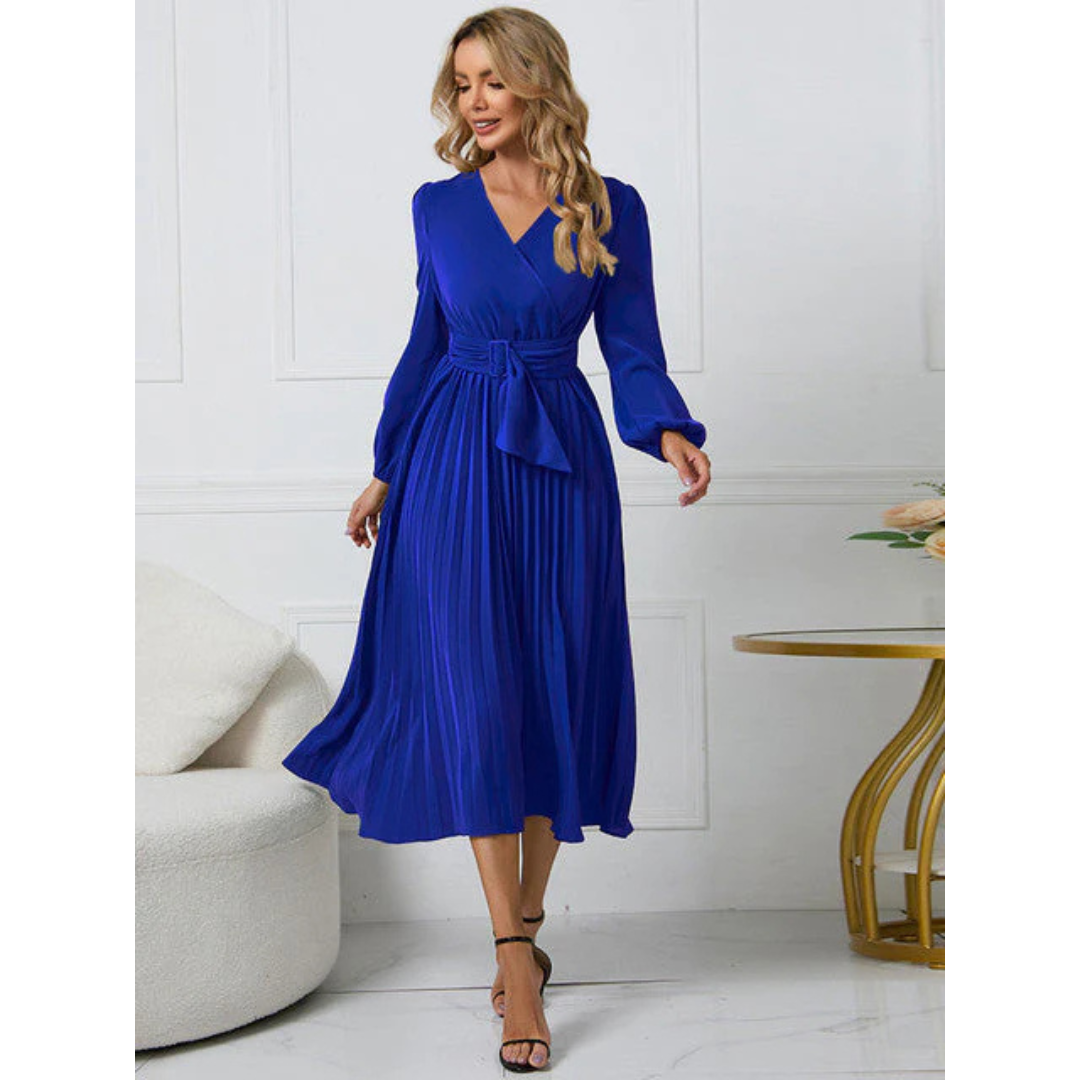 Damen Faltenrock Gürtel Taille V-Ausschnitt Kleid | Midi