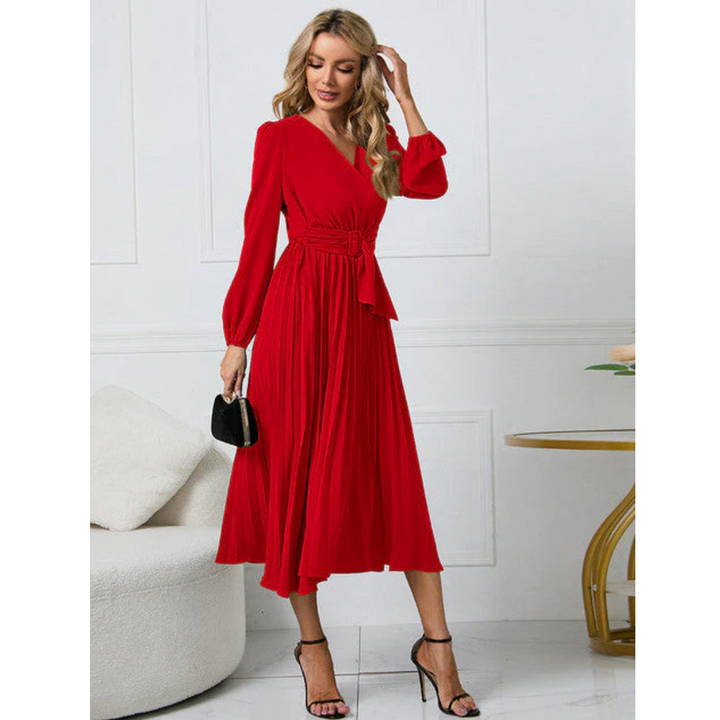 Damen Faltenrock Gürtel Taille V-Ausschnitt Kleid | Midi
