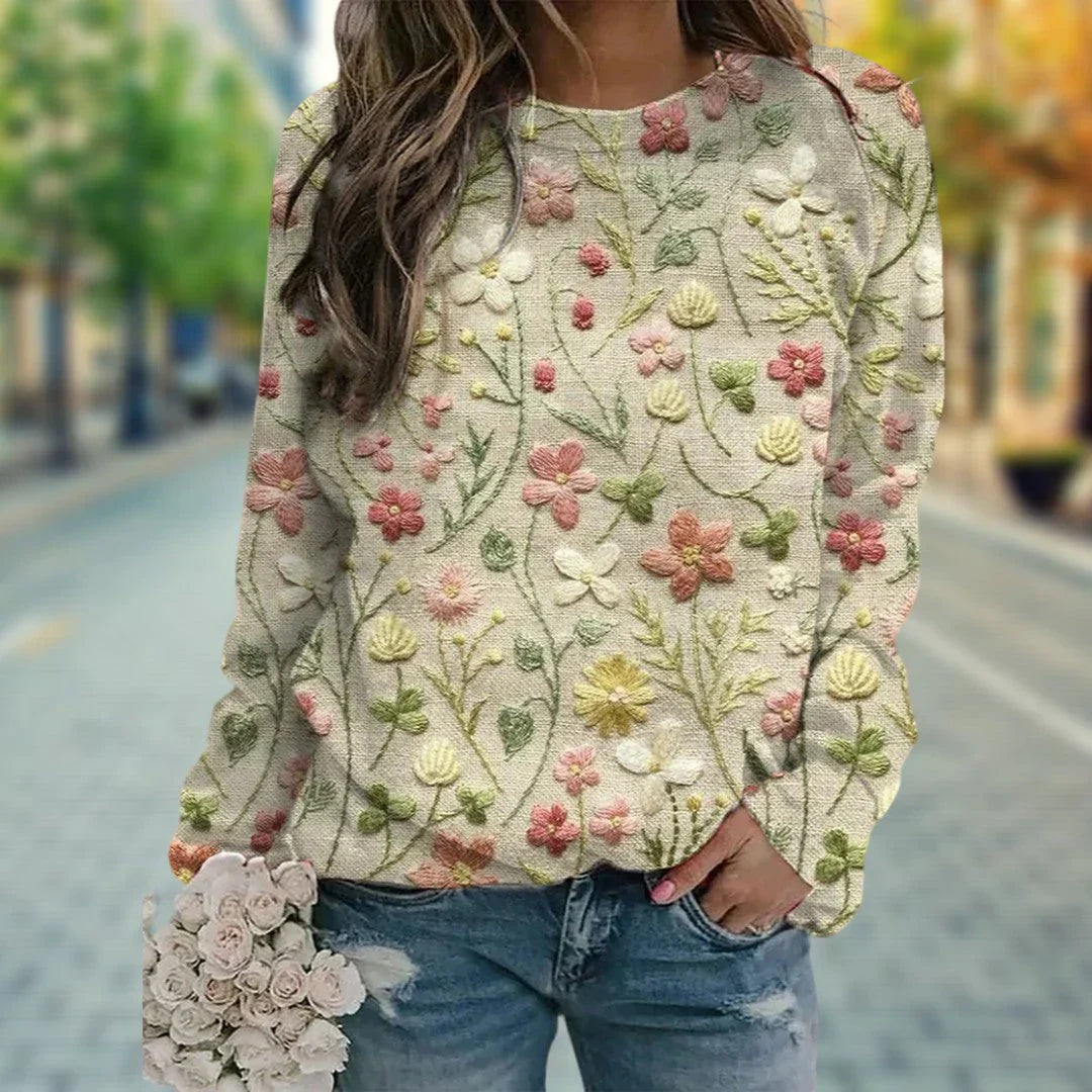 Phoenin | Damen Blumen Warme Gestickt Pullover | Lässig