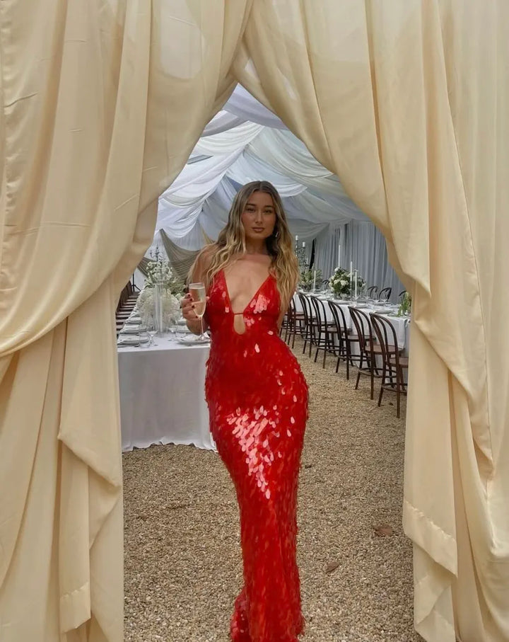 Damen Maxikleid Mit Pailletten Und V Ausschnitt Für Hochzeitsgäste