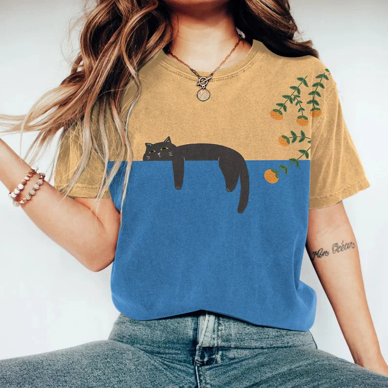 Damen T Shirt Mit Katzen Print Und Rundhalsausschnitt | Lässig