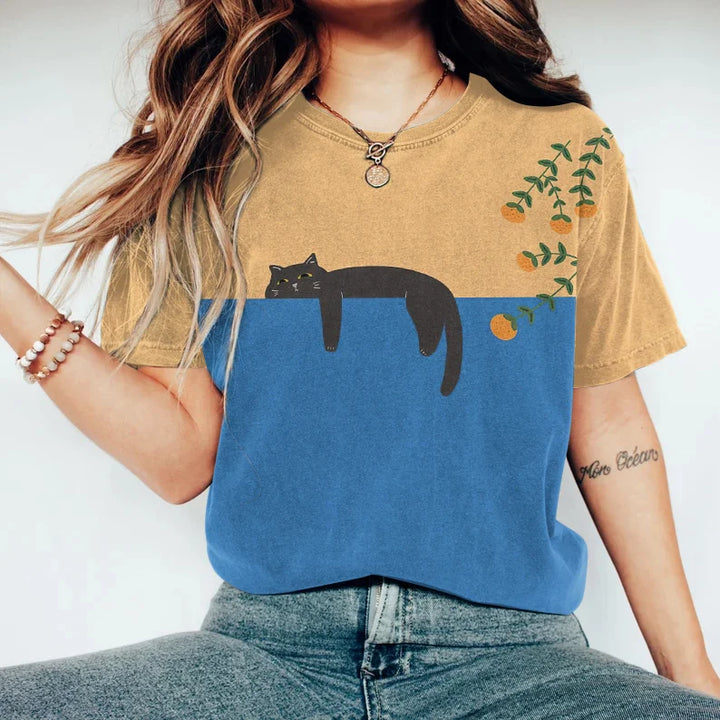 Damen T Shirt Mit Katzen Print Und Rundhalsausschnitt | Lässig