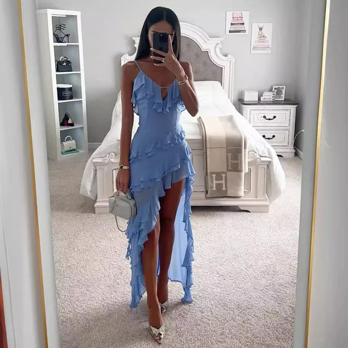 Damen Schickes Rüschen Asymmetrisches Schlitz Kleid | Maxi