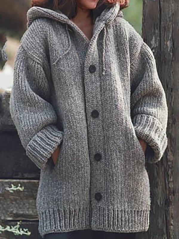 Lange Damen-Strickjacke mit Kapuze | Warme