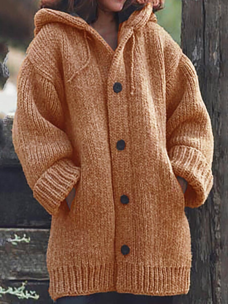 Lange Damen-Strickjacke mit Kapuze | Warme