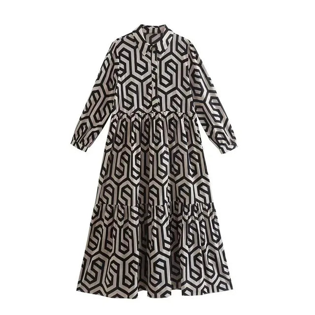 Damenkleid Mit V Ausschnitt Und Geometrischem Muster | Midi