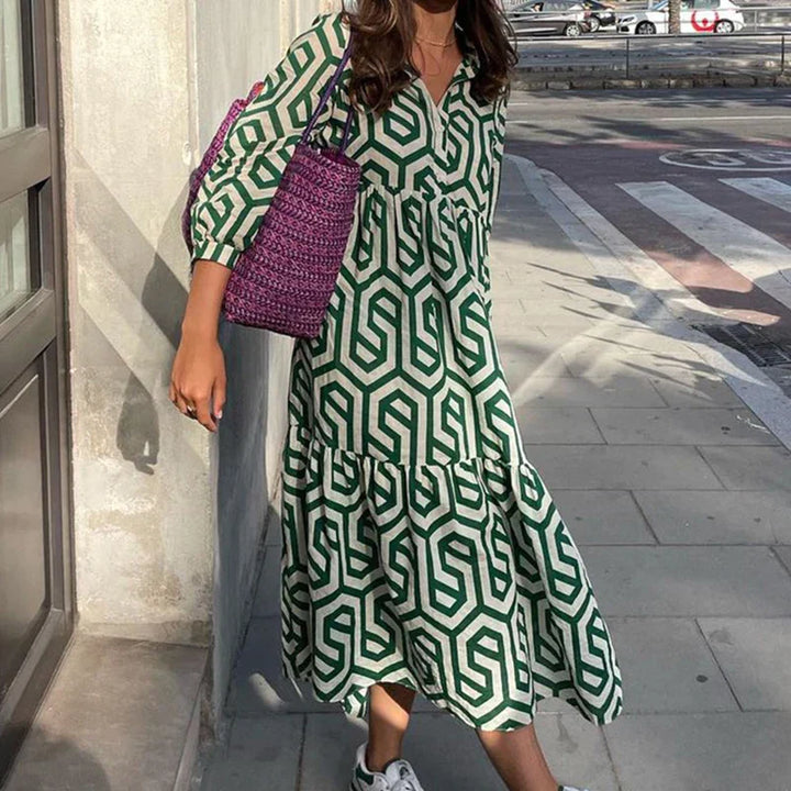 Damenkleid Mit V Ausschnitt Und Geometrischem Muster | Midi