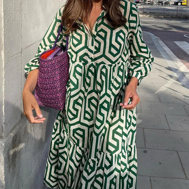 Damenkleid Mit V Ausschnitt Und Geometrischem Muster | Midi