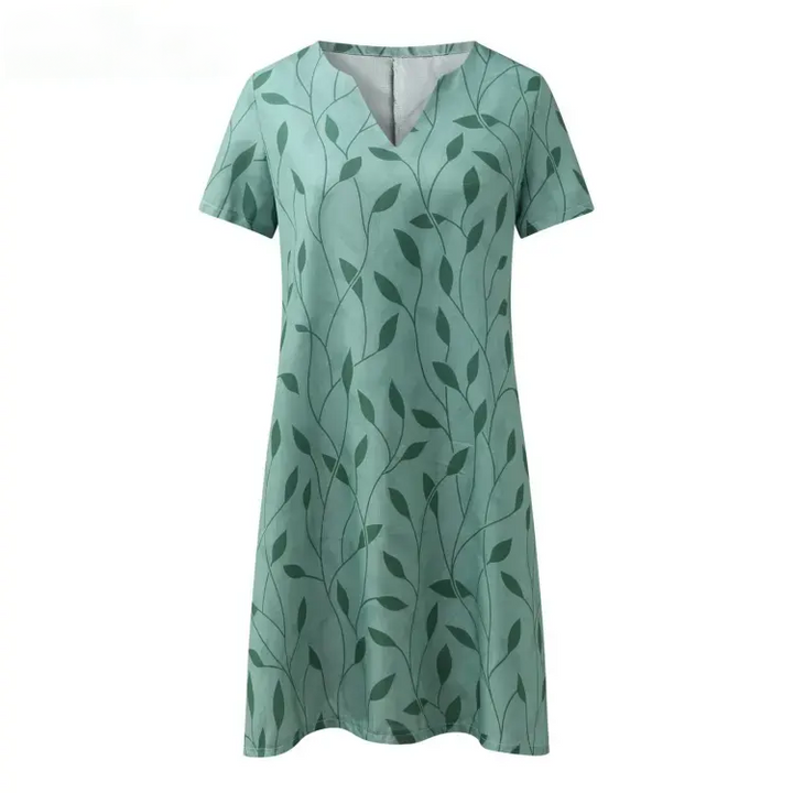 Kurzärmeliges Kleid Mit Blätterdruck Für Frauen | Mini