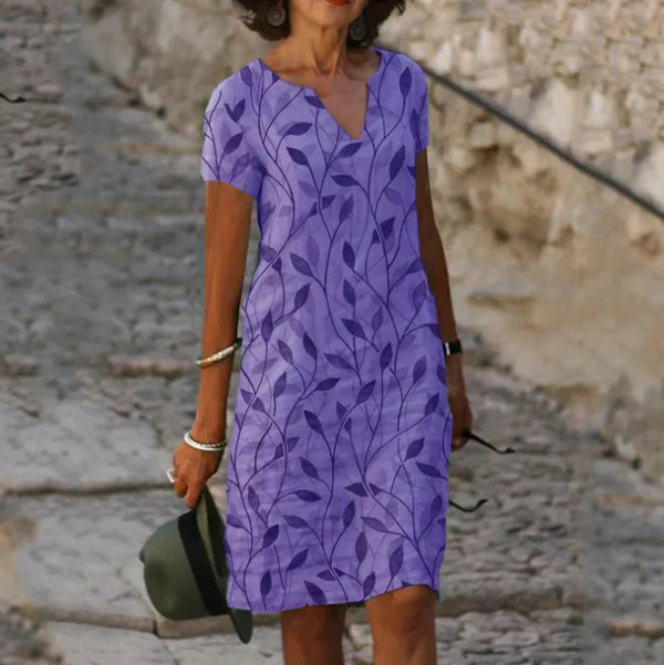 Kurzärmeliges Kleid Mit Blätterdruck Für Frauen | Mini