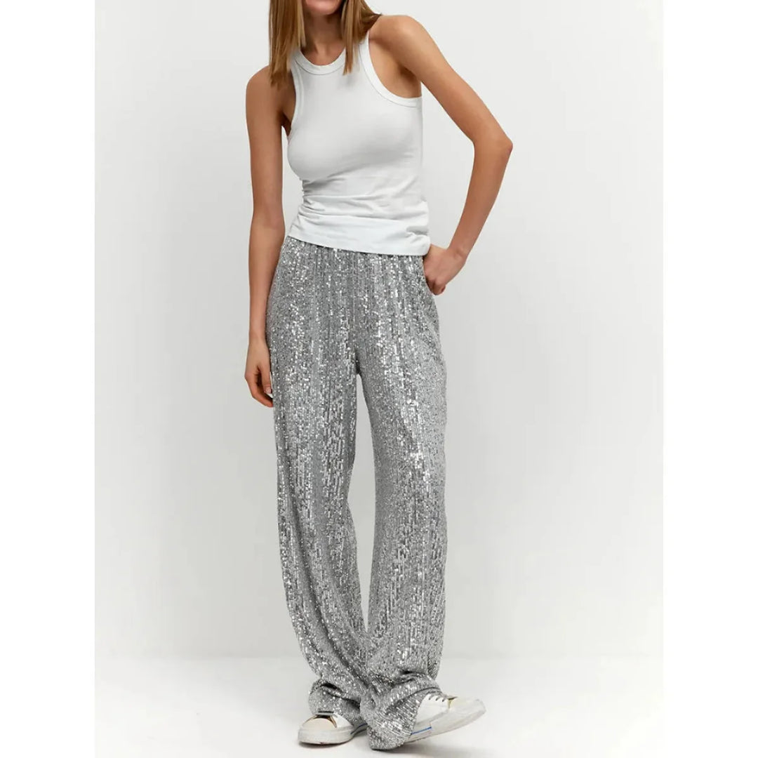 Damen Pailletten Hosen | Hohe Taille
