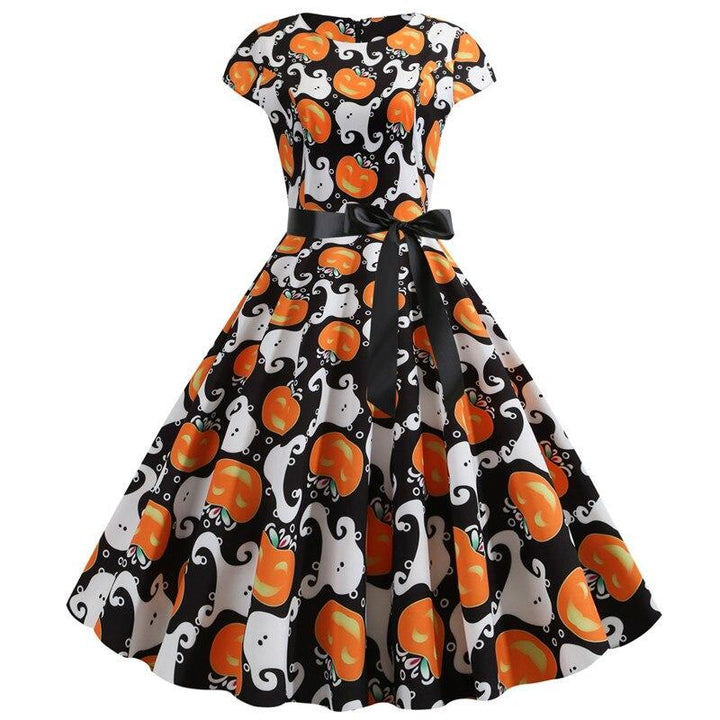 Niedlicher Kürbis Druck Halloween Kostum Kleid | Midi