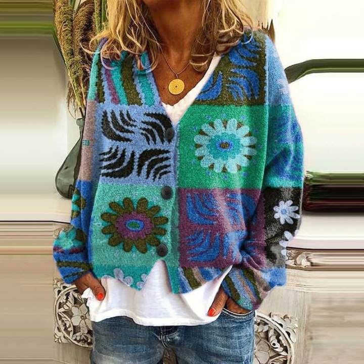 Angie | Damen Blumen Warme Strickjacke | Knopf Daunen