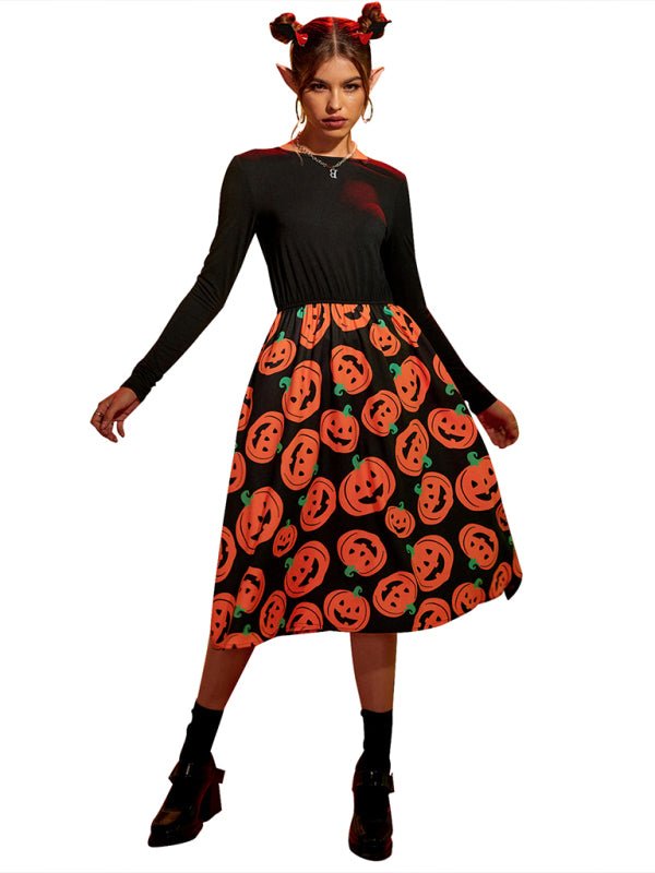 Kürbis Druck Lange Ärmel Halloween Kostum Kleid | Midi