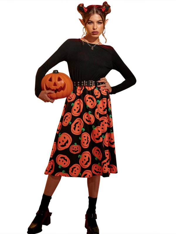 Kürbis Druck Lange Ärmel Halloween Kostum Kleid | Midi